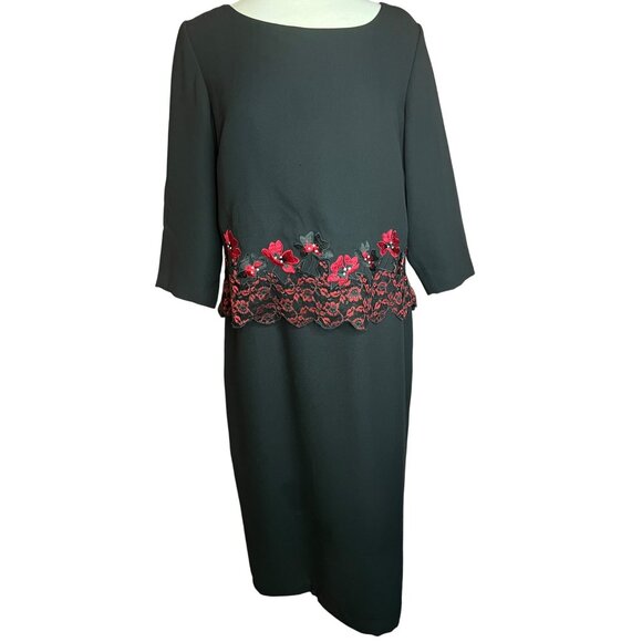 VTG Clues Collections 14P Black Midi Dress Floral Embroidery  Simi to Formal Y2K - Picture 1 of 14